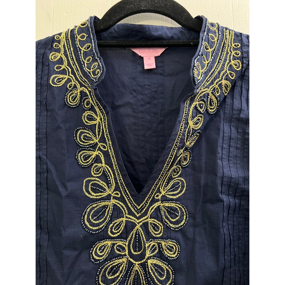 Lilly Pulitzer Pintuck Navy and Gold Beaded Tunic Size Medium - Picture 3 of 5